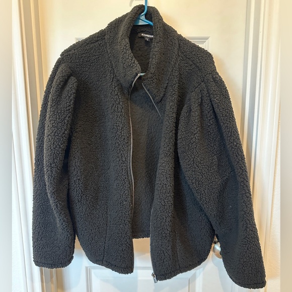 Express Womens Fleece Jacket Black Size Large Sherpa Full Zip 100% Polyester - Picture 3 of 4
